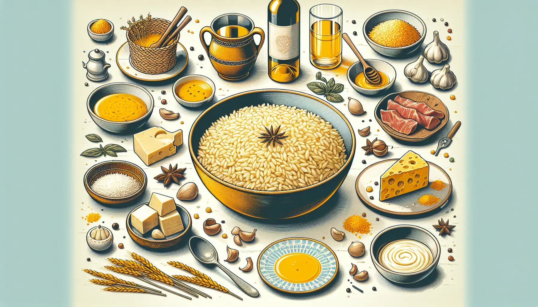 Un piatto di risotto alla milanese con zafferano e Parmigiano Reggiano, servito in un elegante piatto bianco.