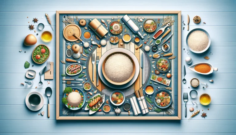 Tavola apparecchiata con piatti a base di riso, decorata con fiori e posate eleganti.