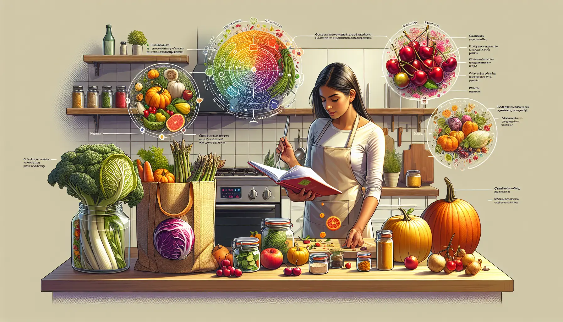 Un assortimento di ingredienti freschi e colorati, tra cui verdure e frutta di stagione, disposti su un tavolo di legno.