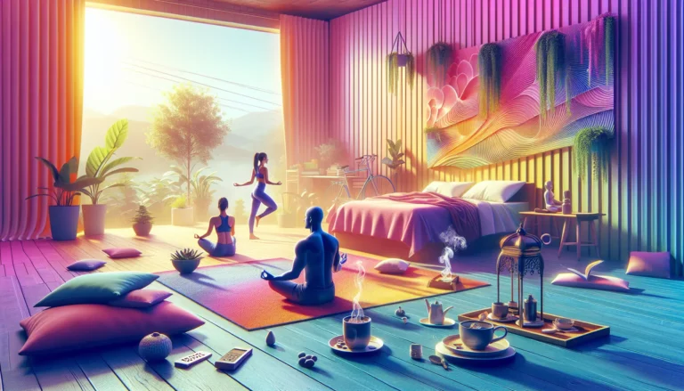 Una persona che si esercita al mattino, circondata da un ambiente luminoso e sereno