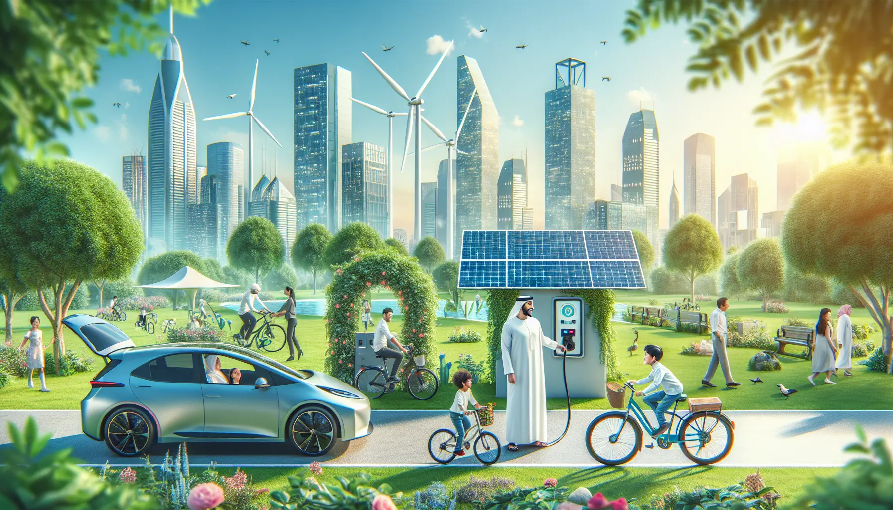 Una città sostenibile con giardini verticali e mezzi di trasporto ecologici