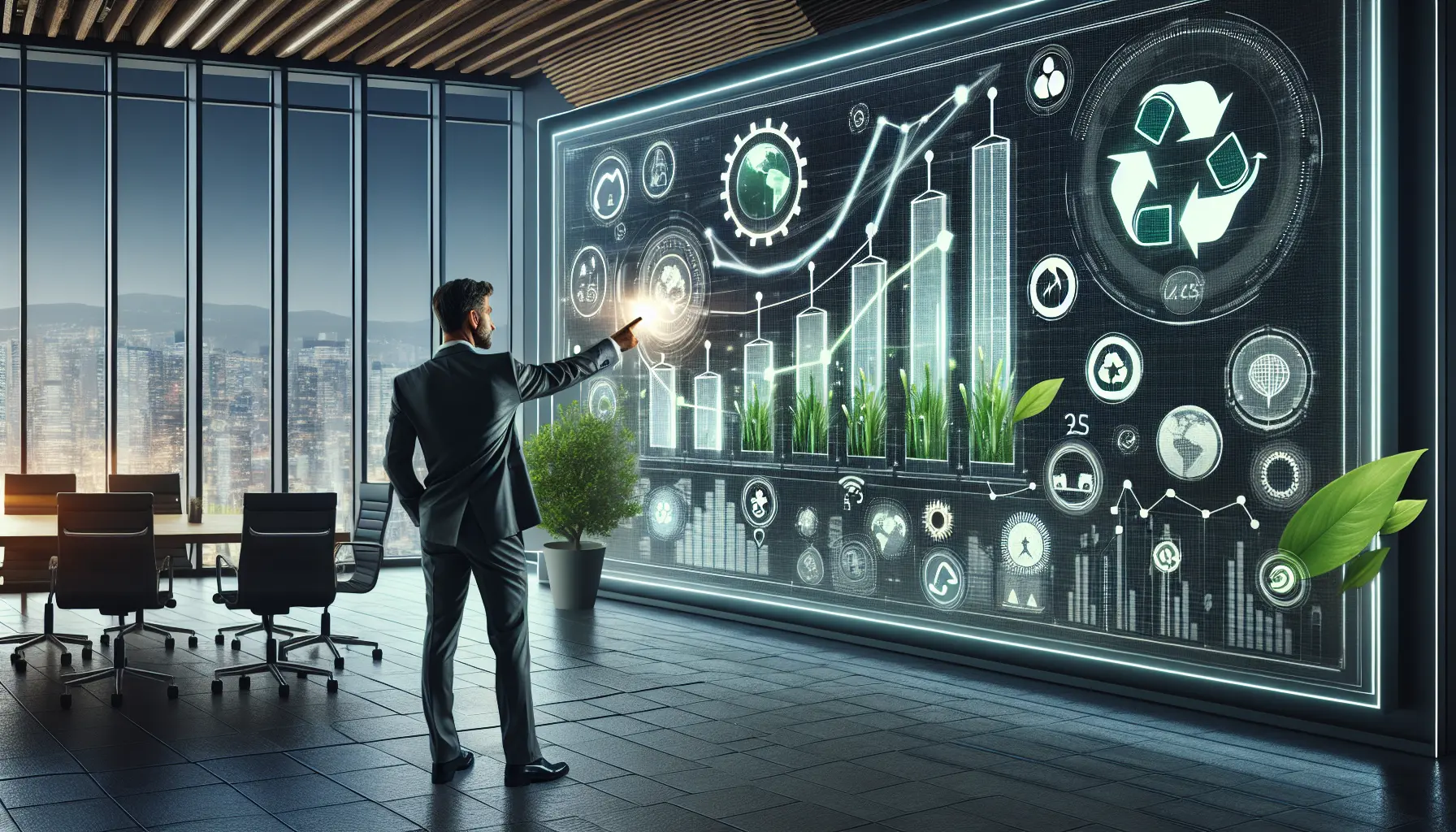 Un imprenditore che utilizza strumenti digitali per promuovere l'innovazione sostenibile nella sua azienda.