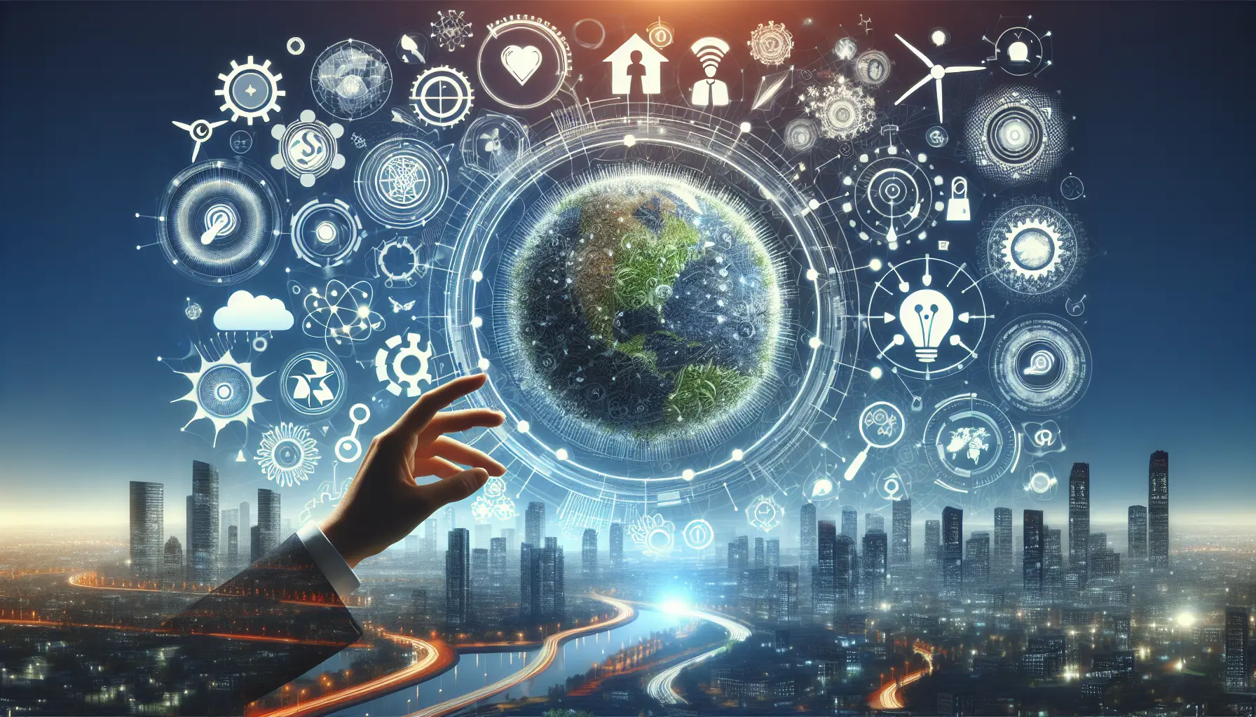 Un'immagine che rappresenta l'innovazione tecnologica sostenibile, con pannelli solari e turbine eoliche sullo sfondo.