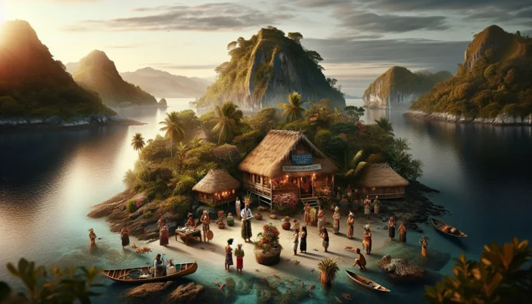 Una spiaggia deserta su un'isola remota, con acque cristalline e sabbia bianca, circondata da vegetazione lussureggiante.