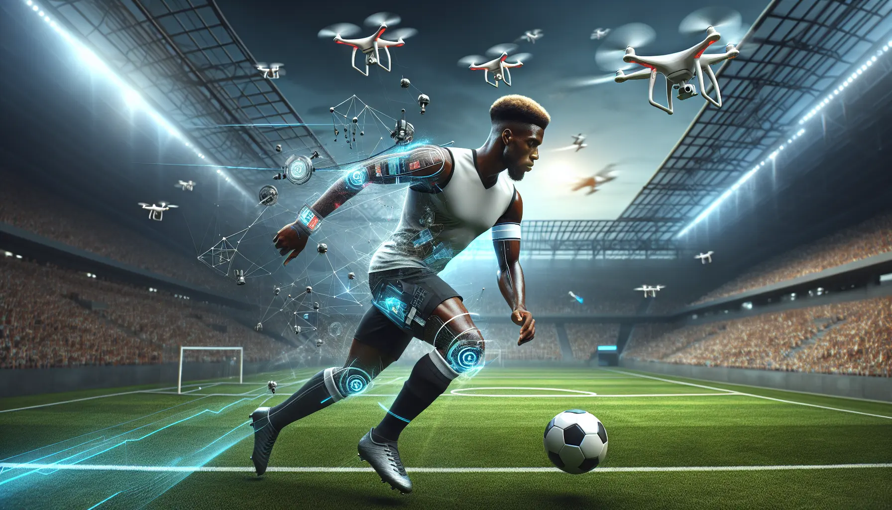 Kylian Mbappé in azione durante una partita di calcio, evidenziando la sua velocità e abilità.
