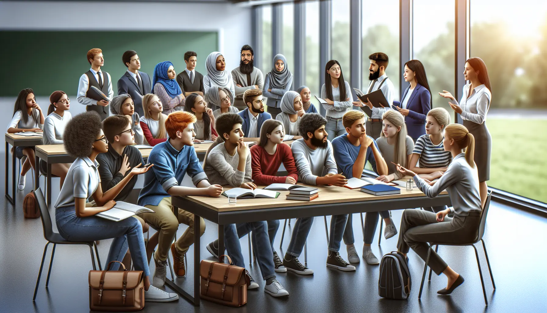 Un gruppo di studenti che collaborano attivamente a un progetto, scambiandosi idee e materiali in un ambiente di apprendimento stimolante.