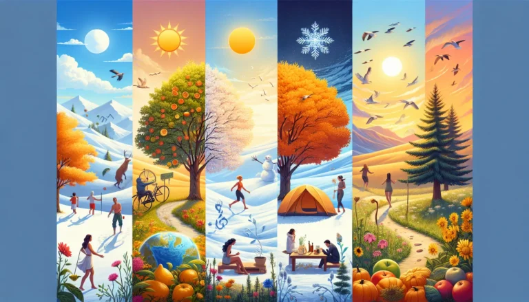 Una vista panoramica di un paesaggio stagionale che mostra la transizione tra le quattro stagioni.