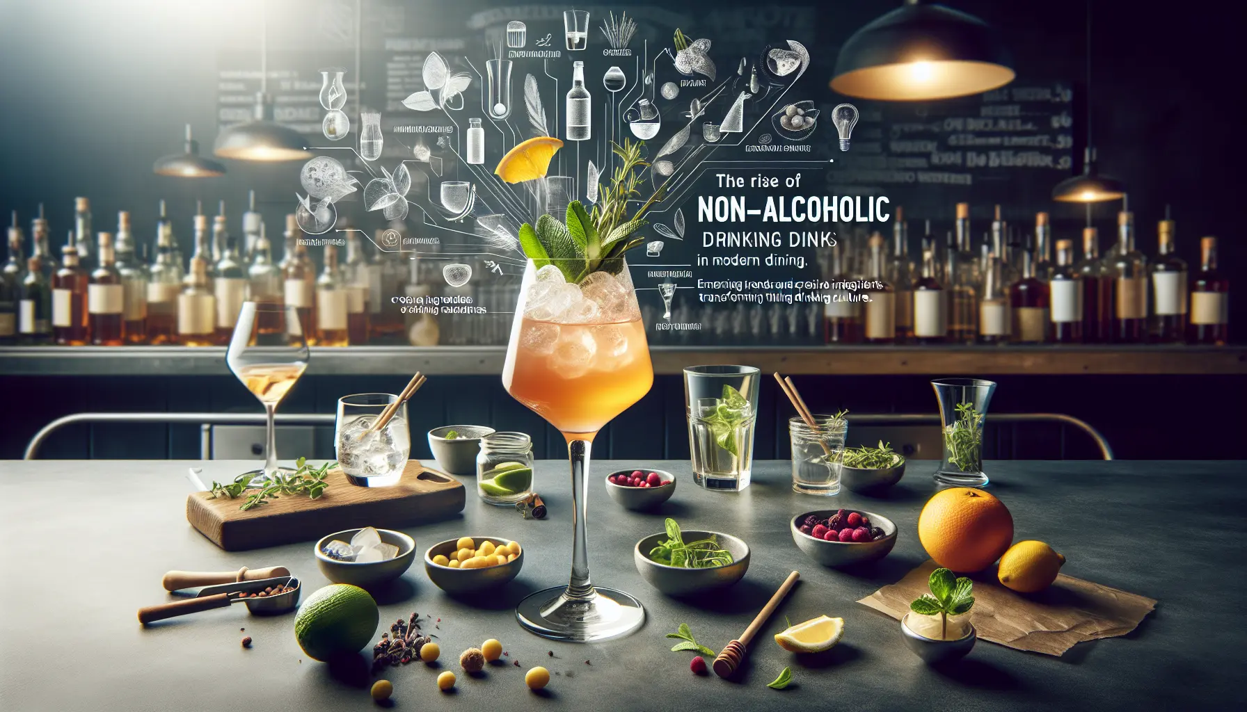 Un elegante cocktail analcolico servito in un bicchiere raffinato, decorato con frutta fresca e erbe aromatiche.