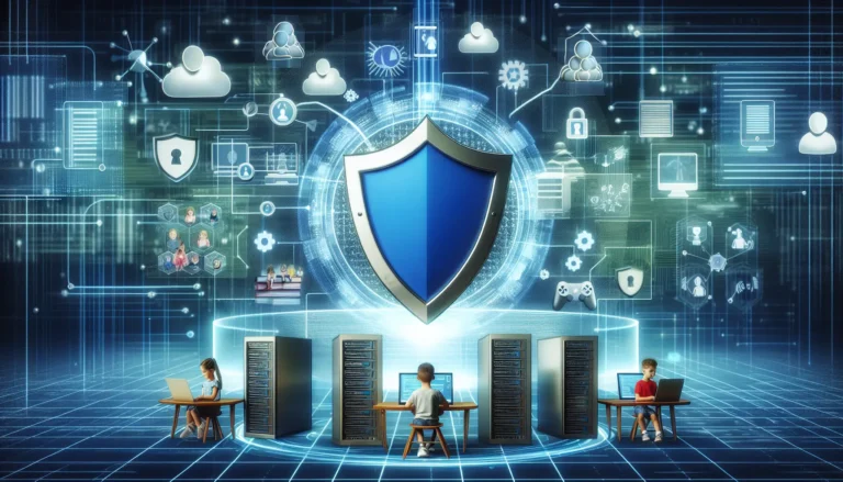 Un genitore che insegna al proprio figlio come navigare in sicurezza online, con dispositivi digitali sul tavolo.