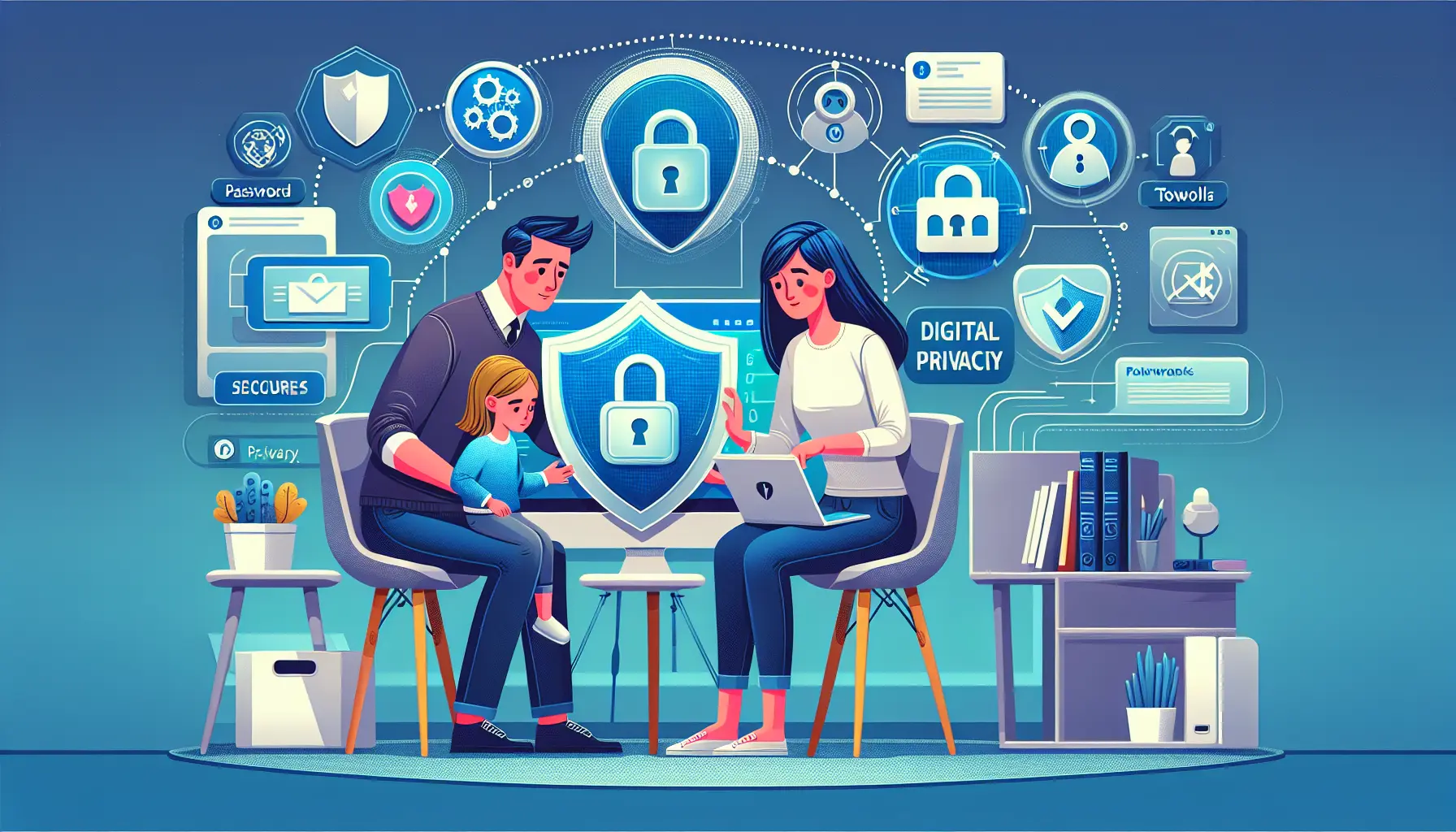 Rappresentazione della sicurezza online per bambini, con strumenti digitali e genitori che educano i figli