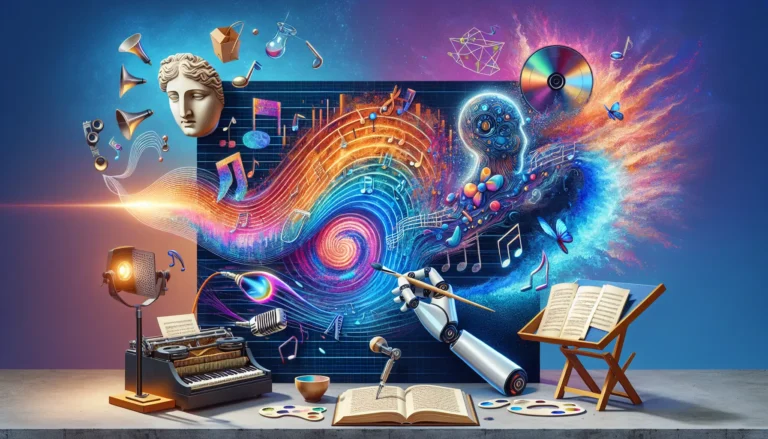 Un collage di arte, musica e scrittura generati dall'intelligenza artificiale, rappresentando il potere dell'IA generativa nella creatività.