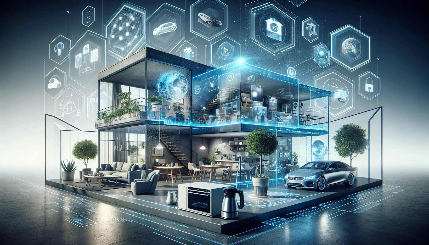 Un'immagine che rappresenta dispositivi connessi in una casa intelligente, evidenziando l'interazione tra tecnologia e vita quotidiana.