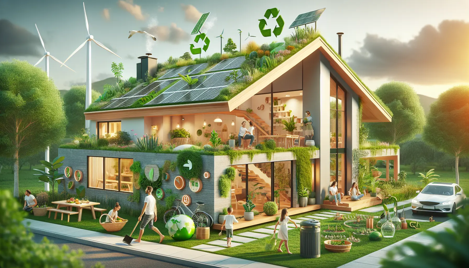 Un edificio ecologico con tetto verde e materiali naturali, immerso nella natura.