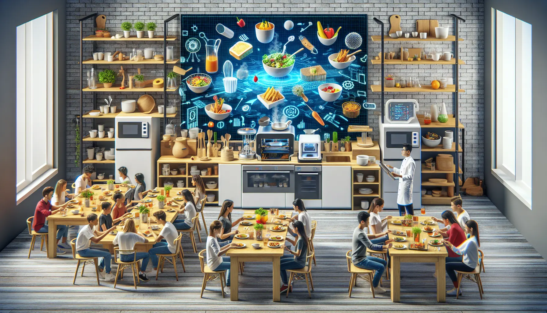 Un gruppo di studenti che cucinano insieme in una cucina moderna, circondati da strumenti tecnologici e ingredienti freschi.