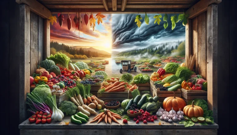 Una varietà di frutta e verdura fresche e colorate di stagione disposte su un tavolo di legno.