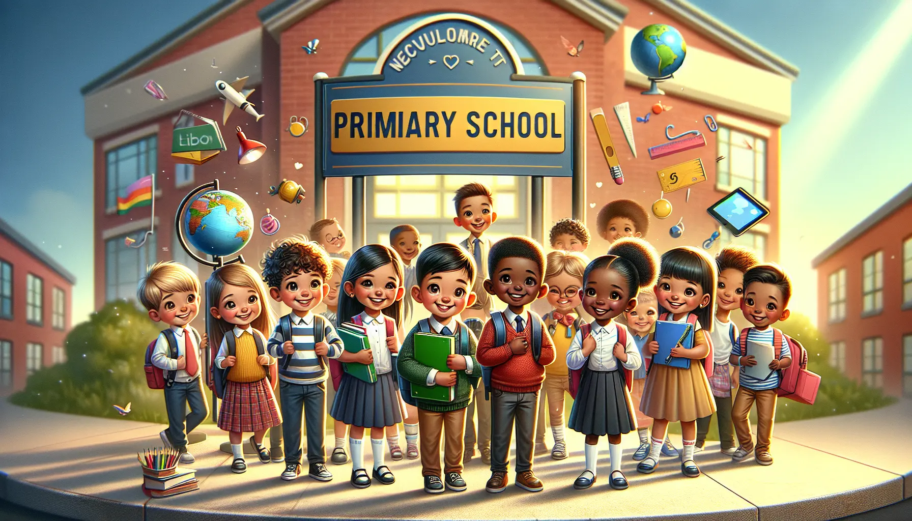 Un gruppo di bambini felici in classe alla scuola primaria, pronti per la loro nuova avventura educativa.