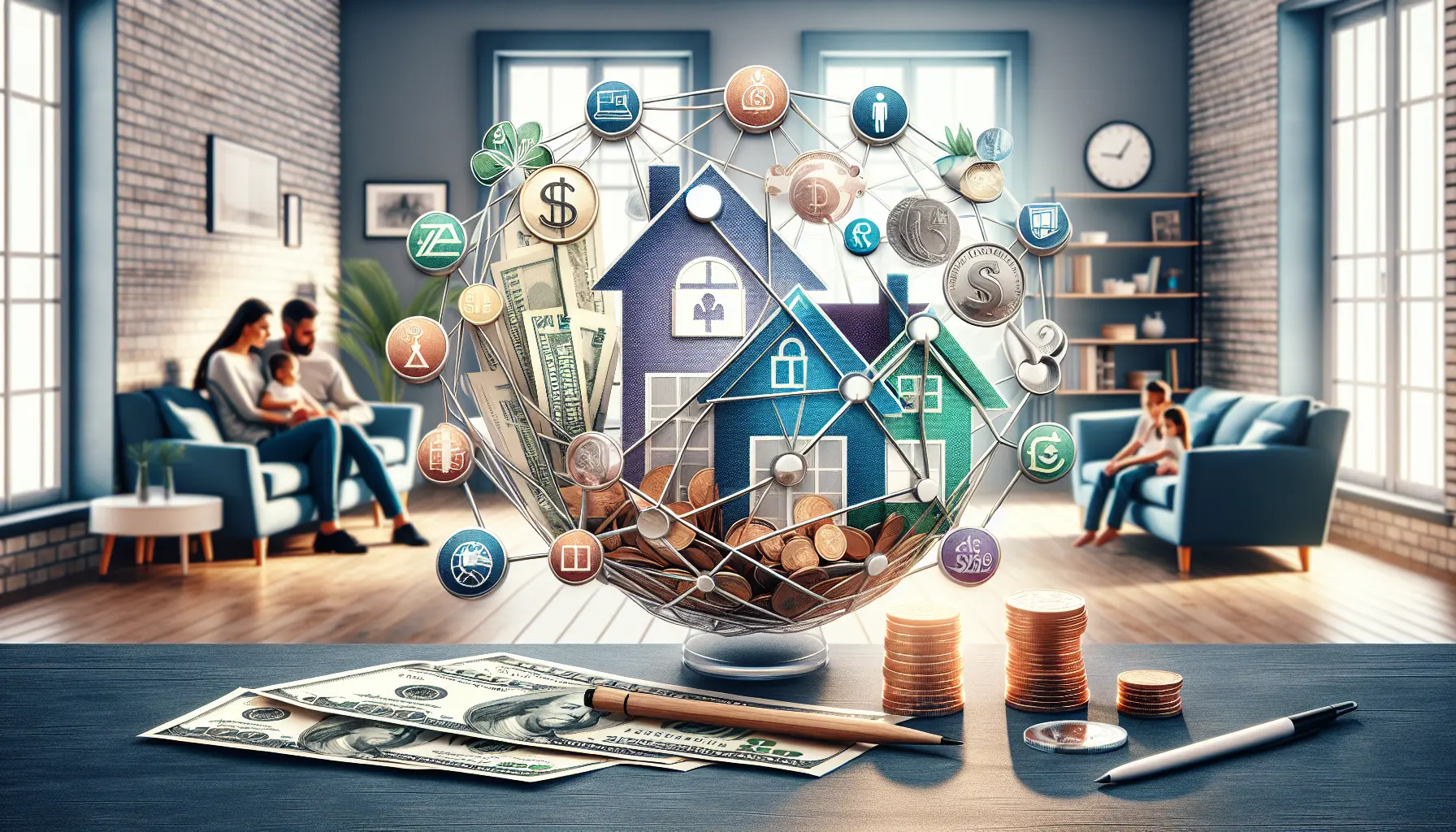 Una famiglia che discute strategie di investimento e diversificazione delle entrate in un ambiente sereno e collaborativo.
