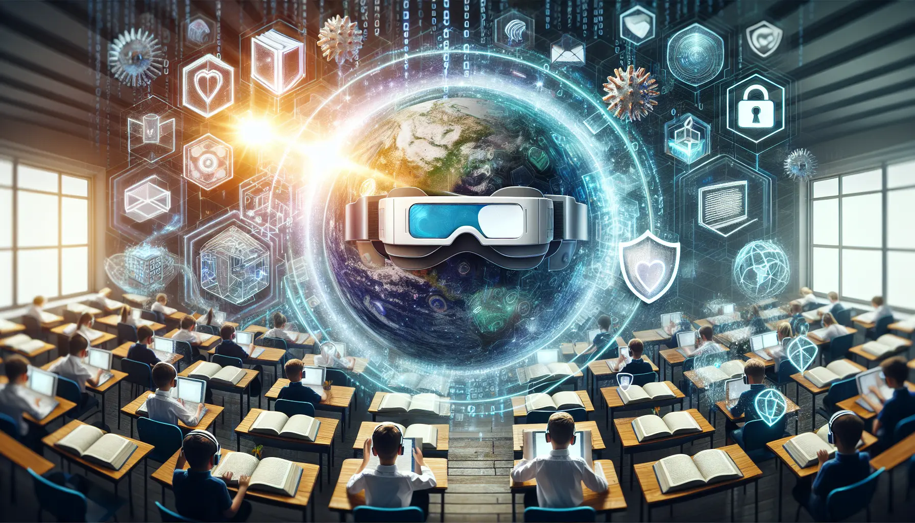 Un bambino che indossa un visore VR mentre esplora un ambiente virtuale educativo.