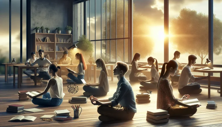 Un gruppo di studenti che praticano la mindfulness in un ambiente tranquillo, concentrati e sereni mentre studiano.
