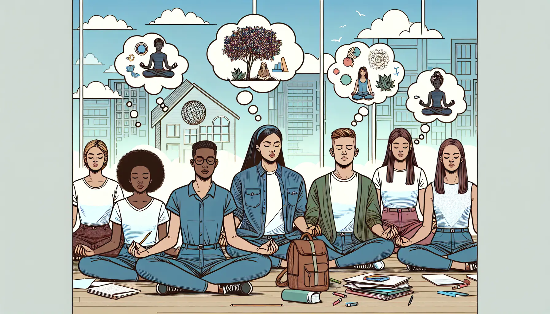 Un gruppo di studenti in meditazione, immersi in un momento di consapevolezza e tranquillità.
