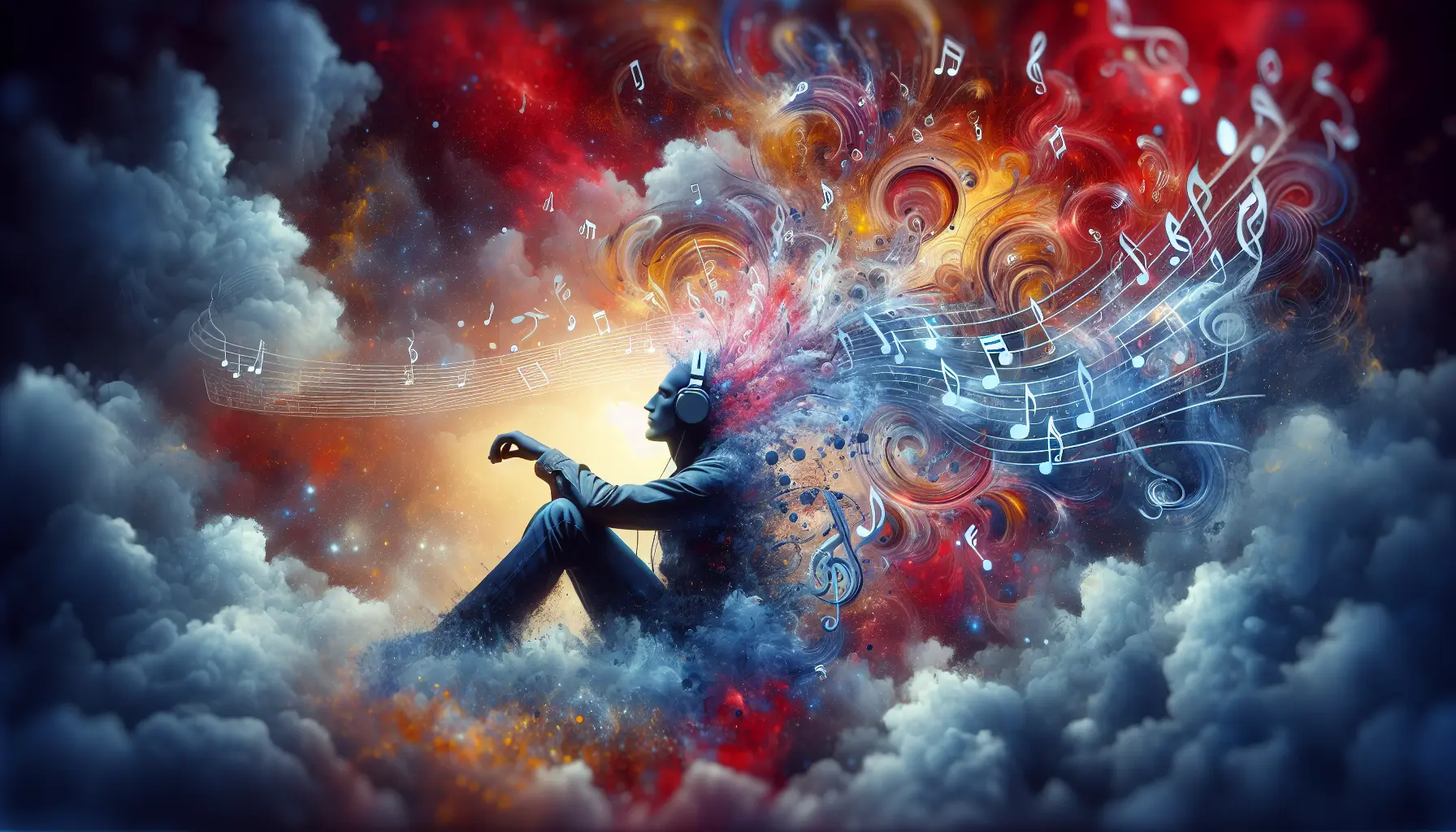 Una persona che ascolta musica con cuffie, immersa in un'atmosfera rilassante.