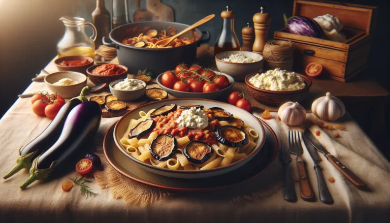 Pasta alla Norma con melanzane e ricotta salata, servita in un piatto bianco