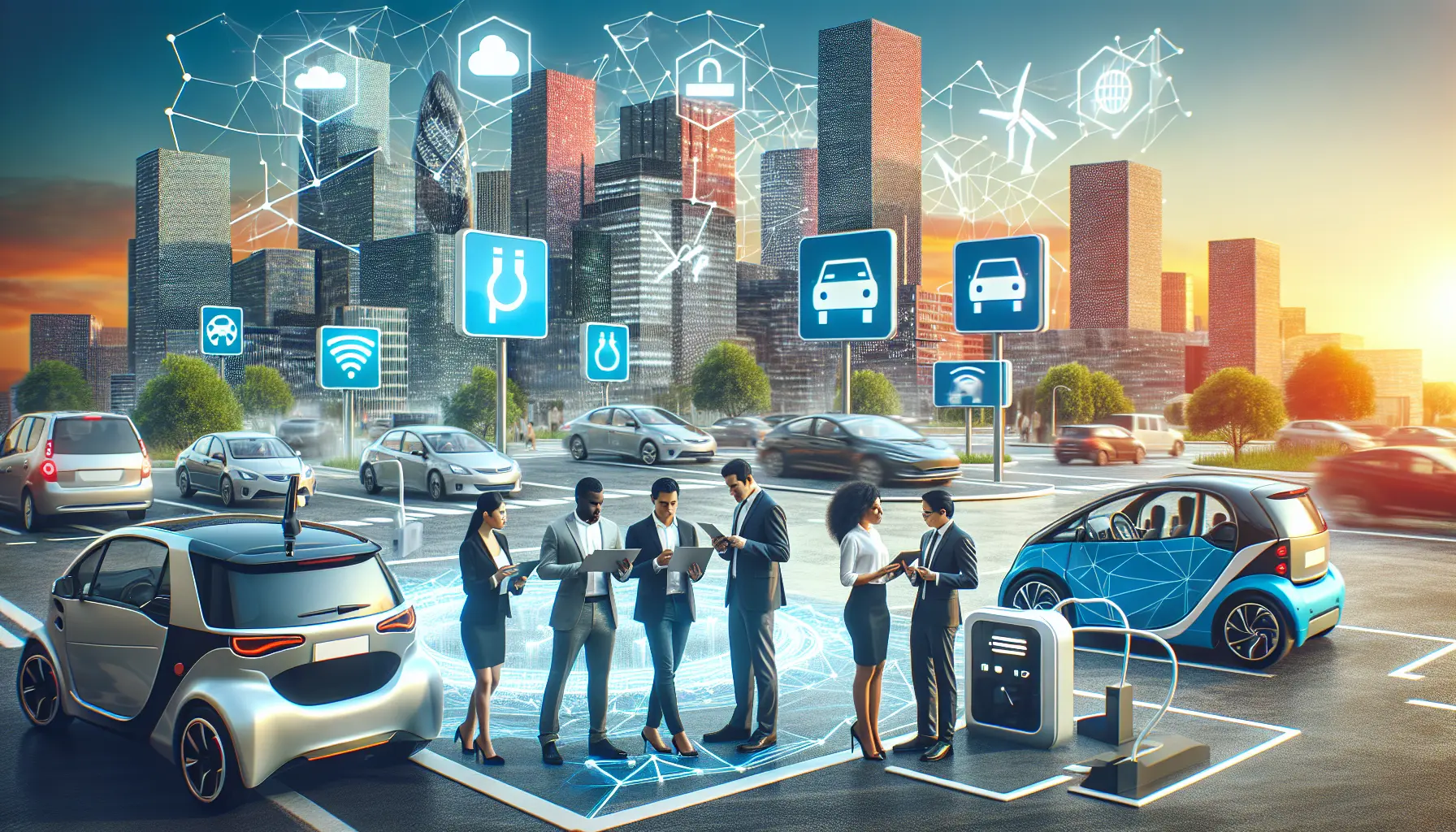 Un'immagine che rappresenta veicoli elettrici e car sharing in un contesto urbano moderno.