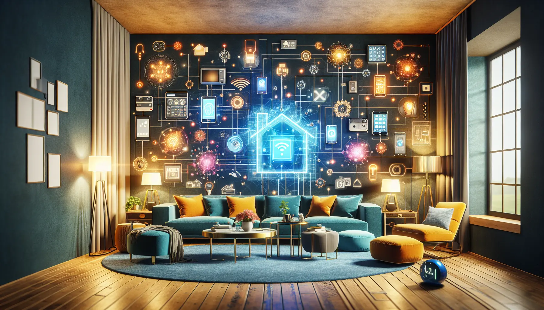 Interno di una casa intelligente con dispositivi tecnologici moderni