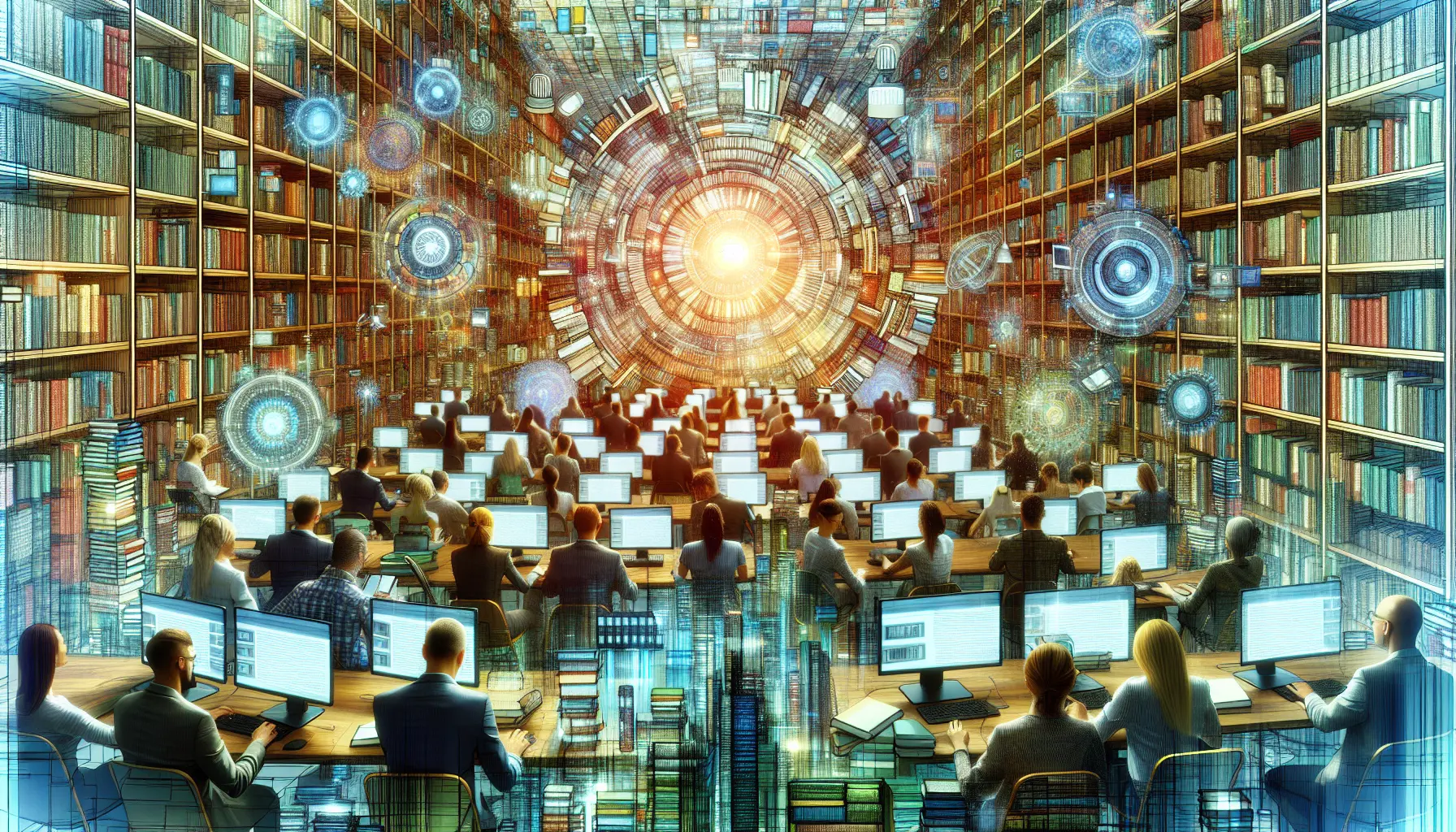 Un professionista mentre naviga in una biblioteca digitale, circondato da libri e risorse educative.