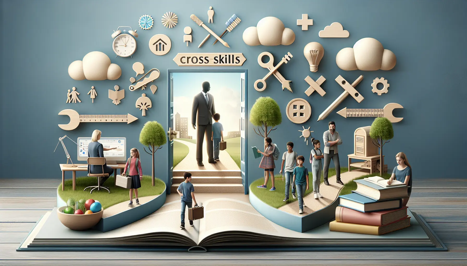 Genitori e figli che discutono insieme, circondati da libri e materiali didattici, simbolo di apprendimento e crescita personale.