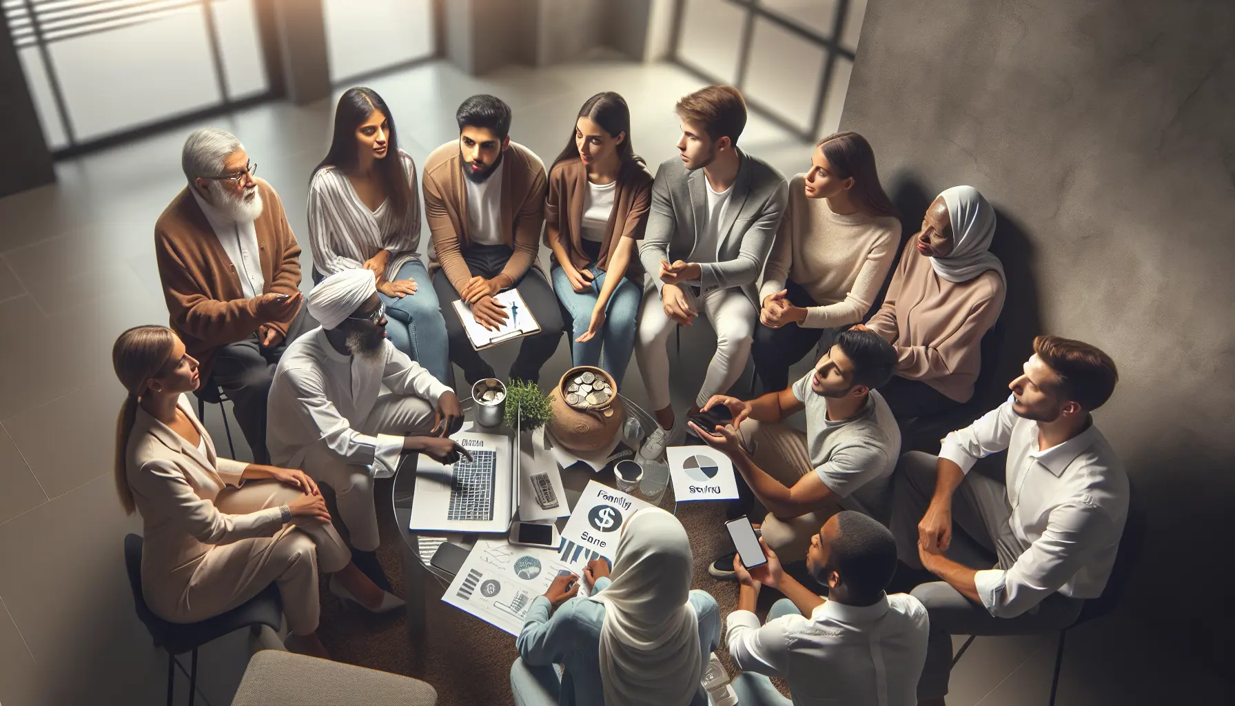 Giovani che discutono di finanza e risparmio in un ambiente culturale