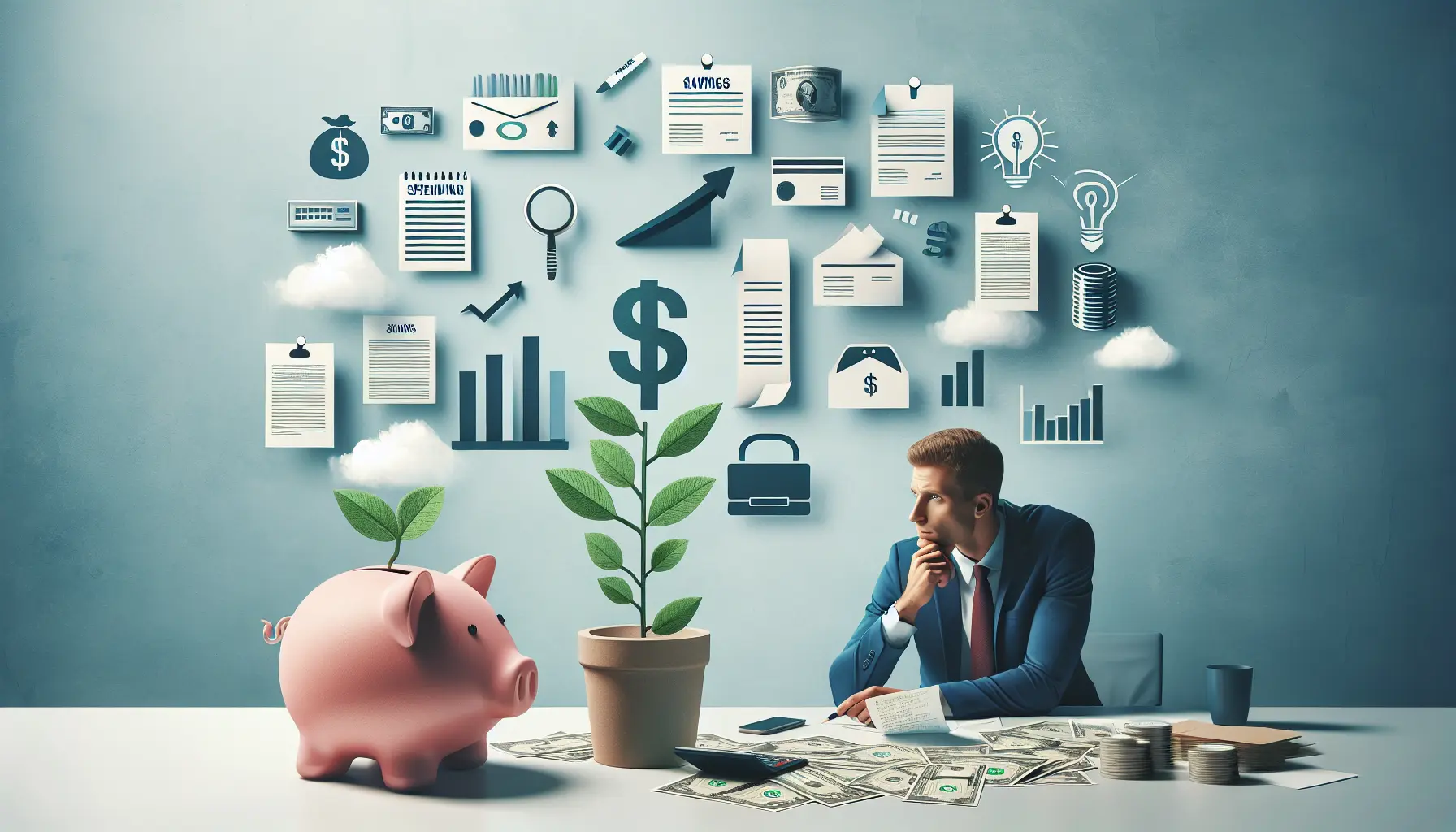 Giovane che analizza le sue spese e pianifica investimenti per un futuro finanziario sicuro.