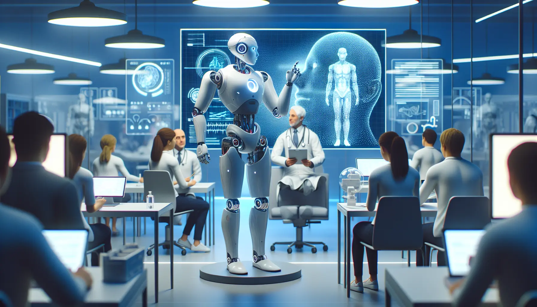 Un robot umanoide interagisce con un bambino in un ambiente educativo.