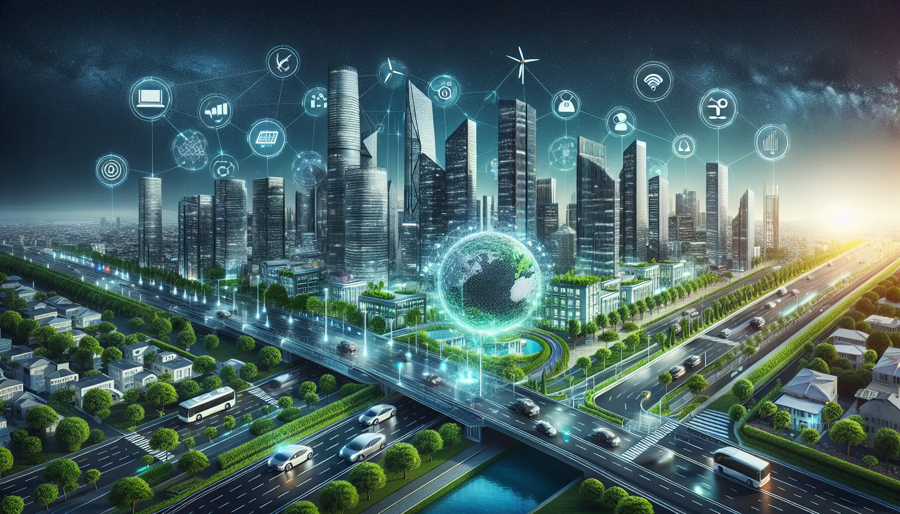 Panoramica di una città moderna con elementi tecnologici integrati come sensori e illuminazione intelligente.