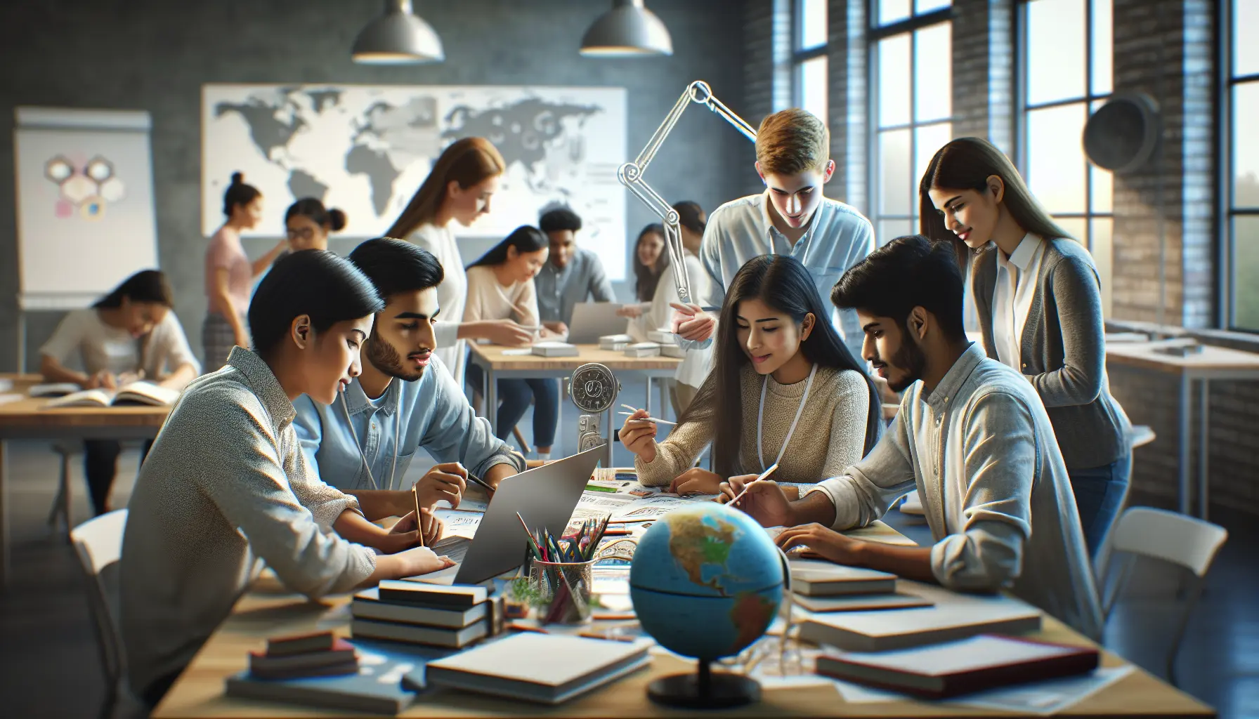 Studenti collaborano in un ambiente di lavoro di gruppo, discutendo idee e condividendo opinioni.