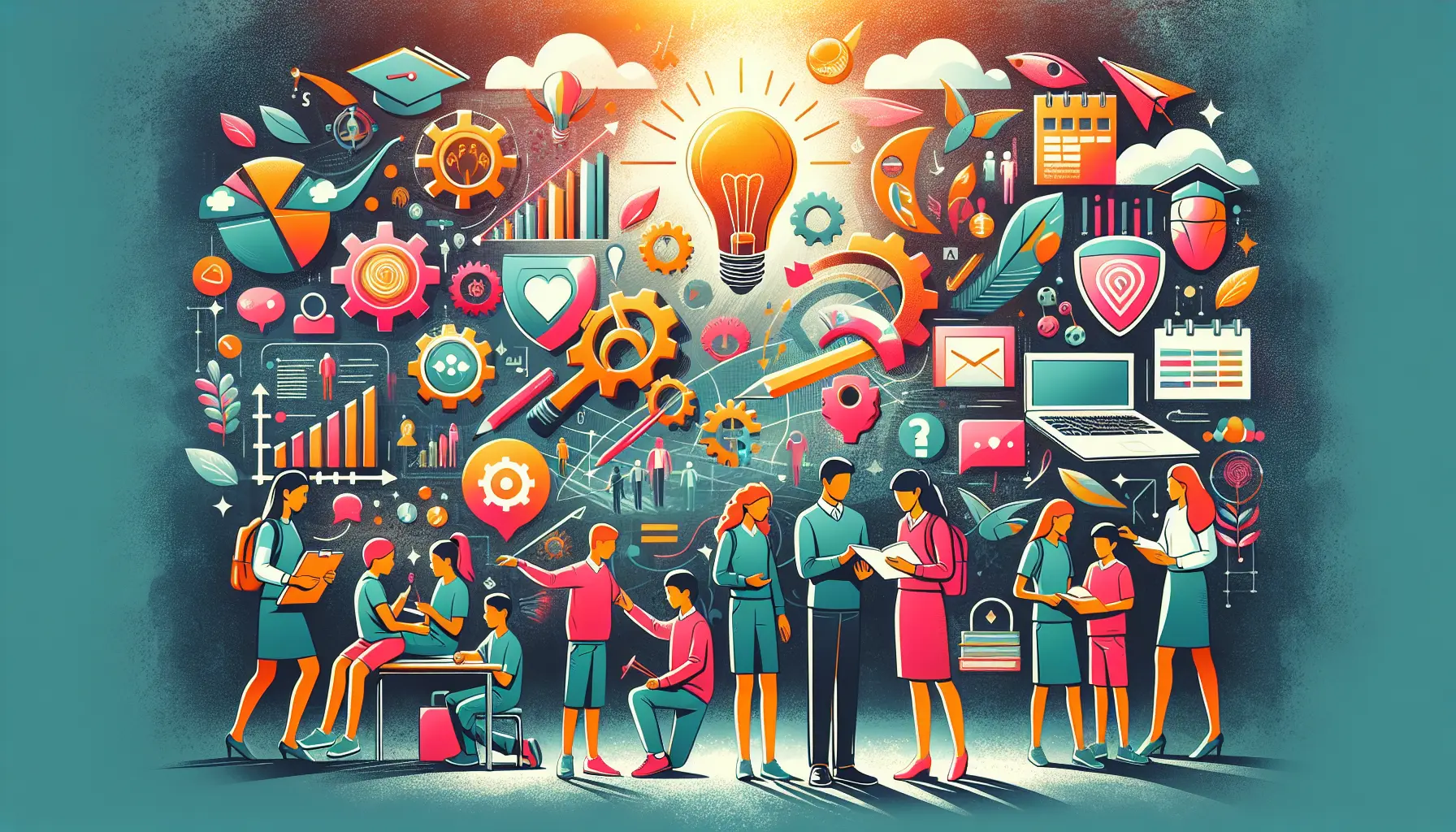 Ragazzi che collaborano in un progetto educativo, trasmettendo idee e abilità.