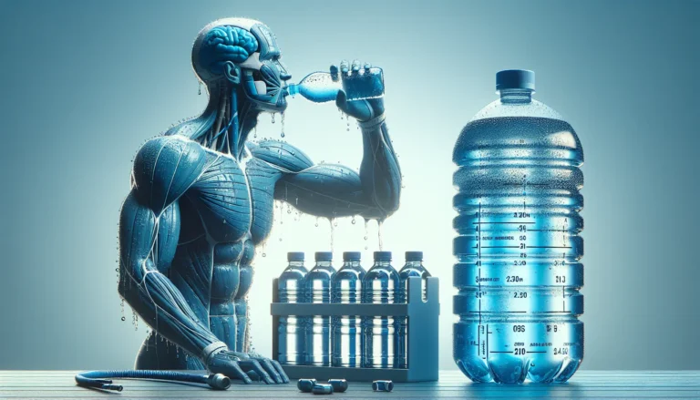 Una bottiglia d'acqua su un tavolo di legno con un campo verde sullo sfondo.