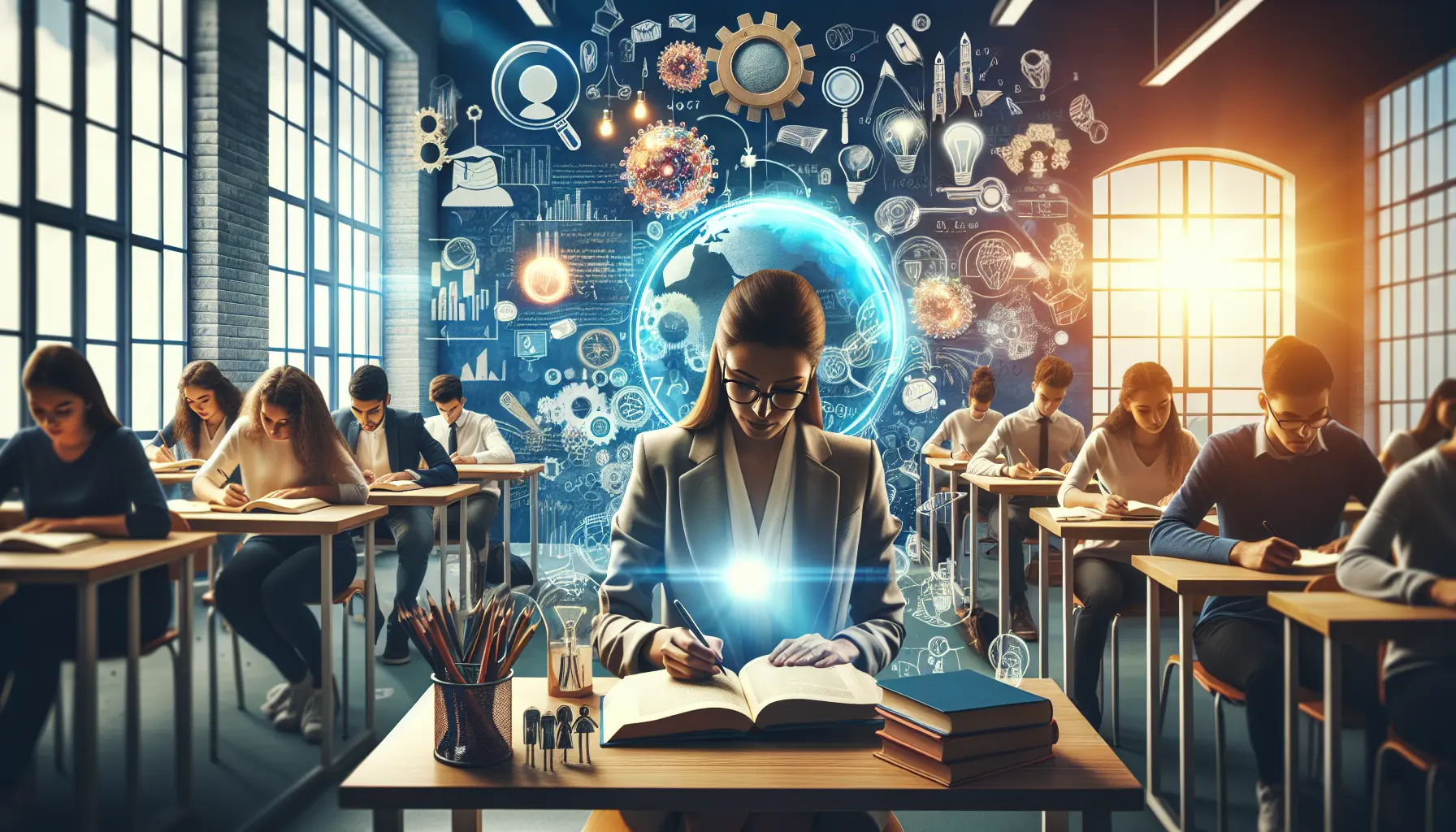 Un insegnante che discute con gli studenti di diversi metodi di valutazione in un'aula innovativa.