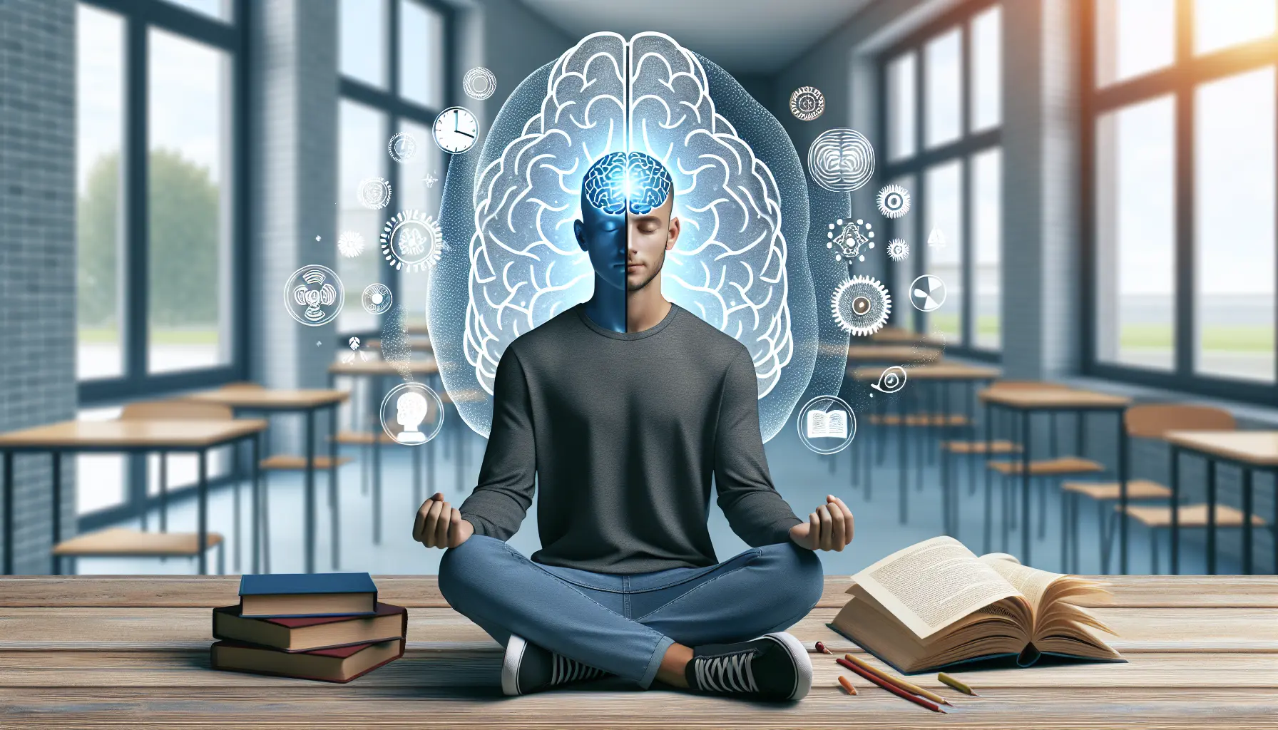 Un gruppo di studenti praticano mindfulness in un ambiente tranquillo, concentrandosi sulla respirazione e sul momento presente.