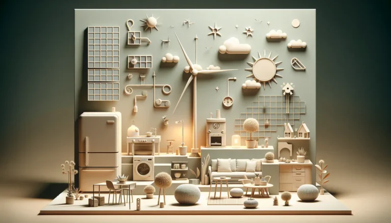 Un ambiente minimalista e sostenibile con pannelli solari sul tetto e spazi aperti, simbolo di un futuro consapevole.