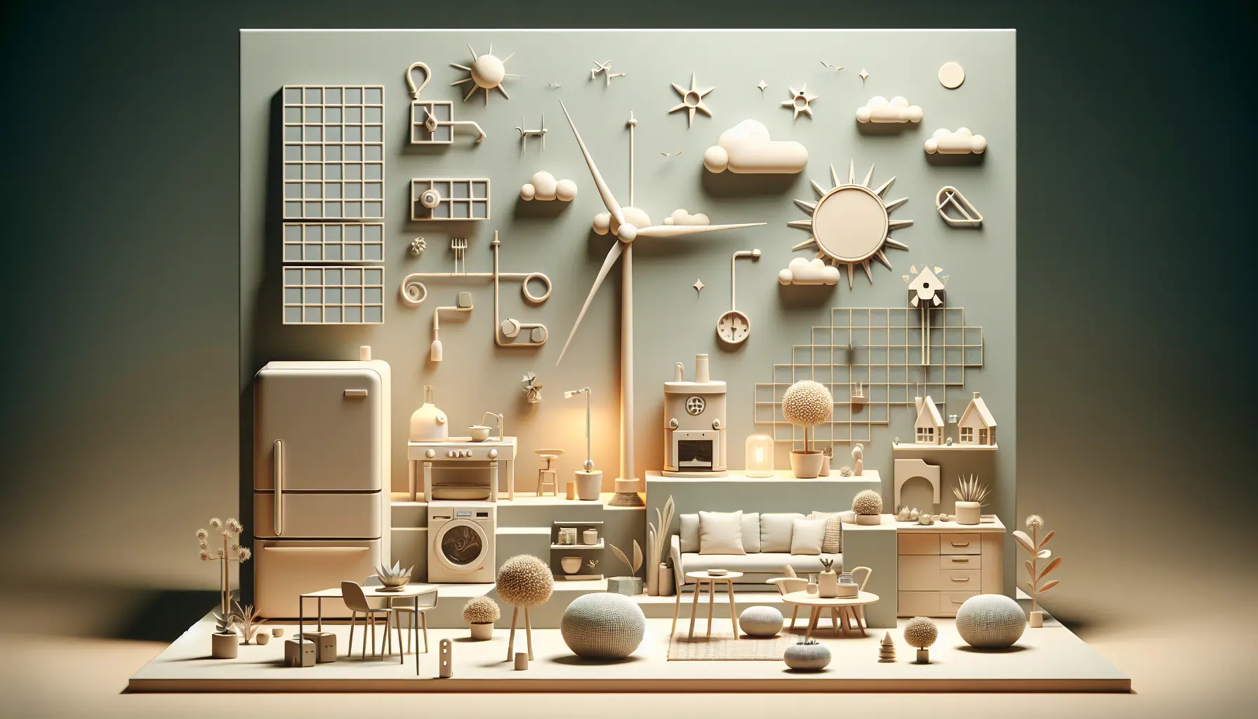 Un ambiente minimalista e sostenibile con pannelli solari sul tetto e spazi aperti, simbolo di un futuro consapevole.