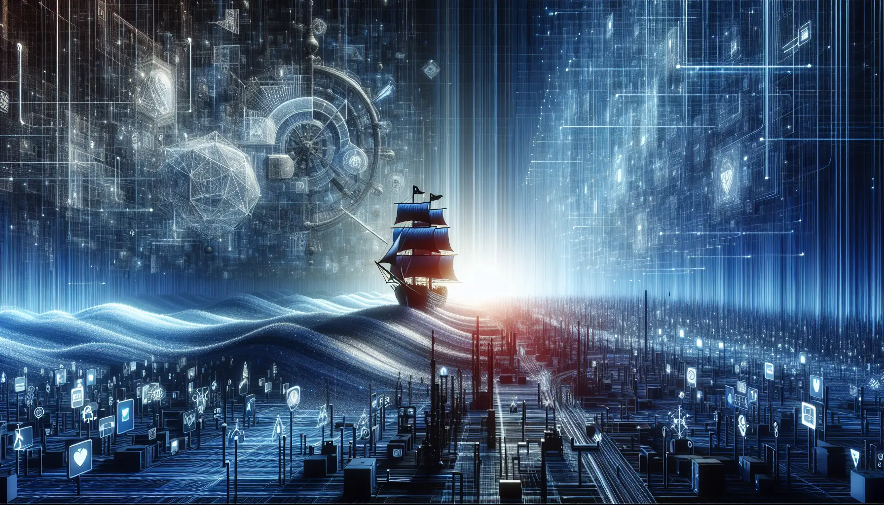 Rappresentazione visiva di strategia di sicurezza online, con simboli digitali e un lucchetto