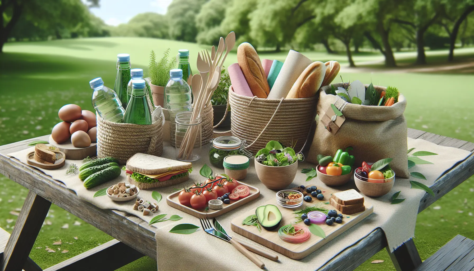 Un picnic sostenibile con cibo fresco e materiali riutilizzabili in un parco verde.