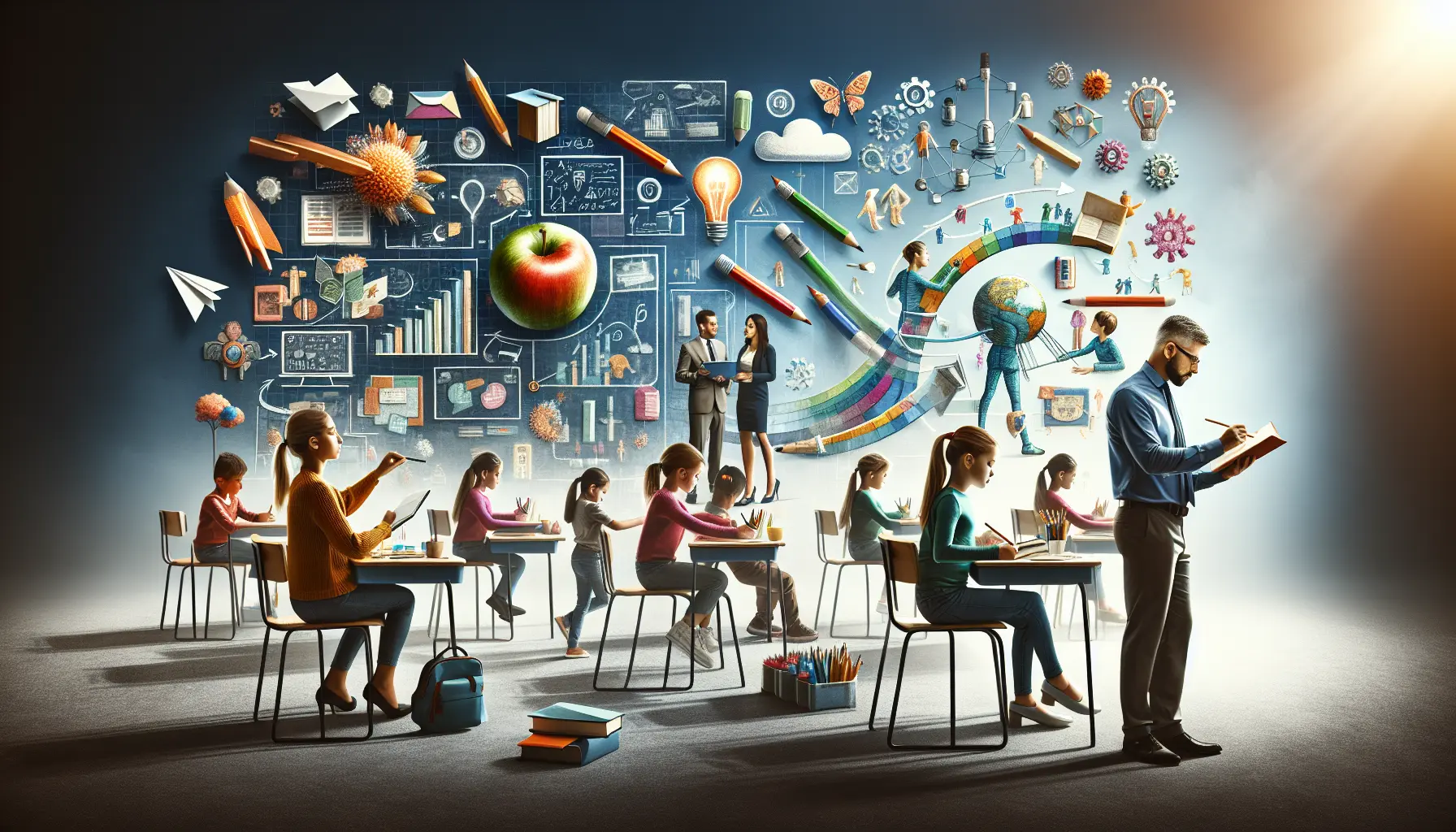 Un'aula moderna con studenti che utilizzano dispositivi digitali per l'apprendimento collaborativo.
