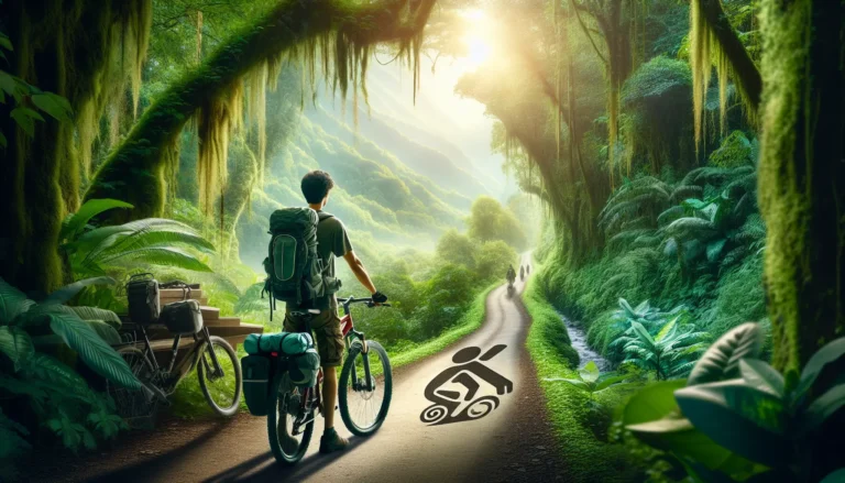 Un ciclista che pedala lungo un sentiero immerso nella natura, circondato da alberi e fiori colorati.