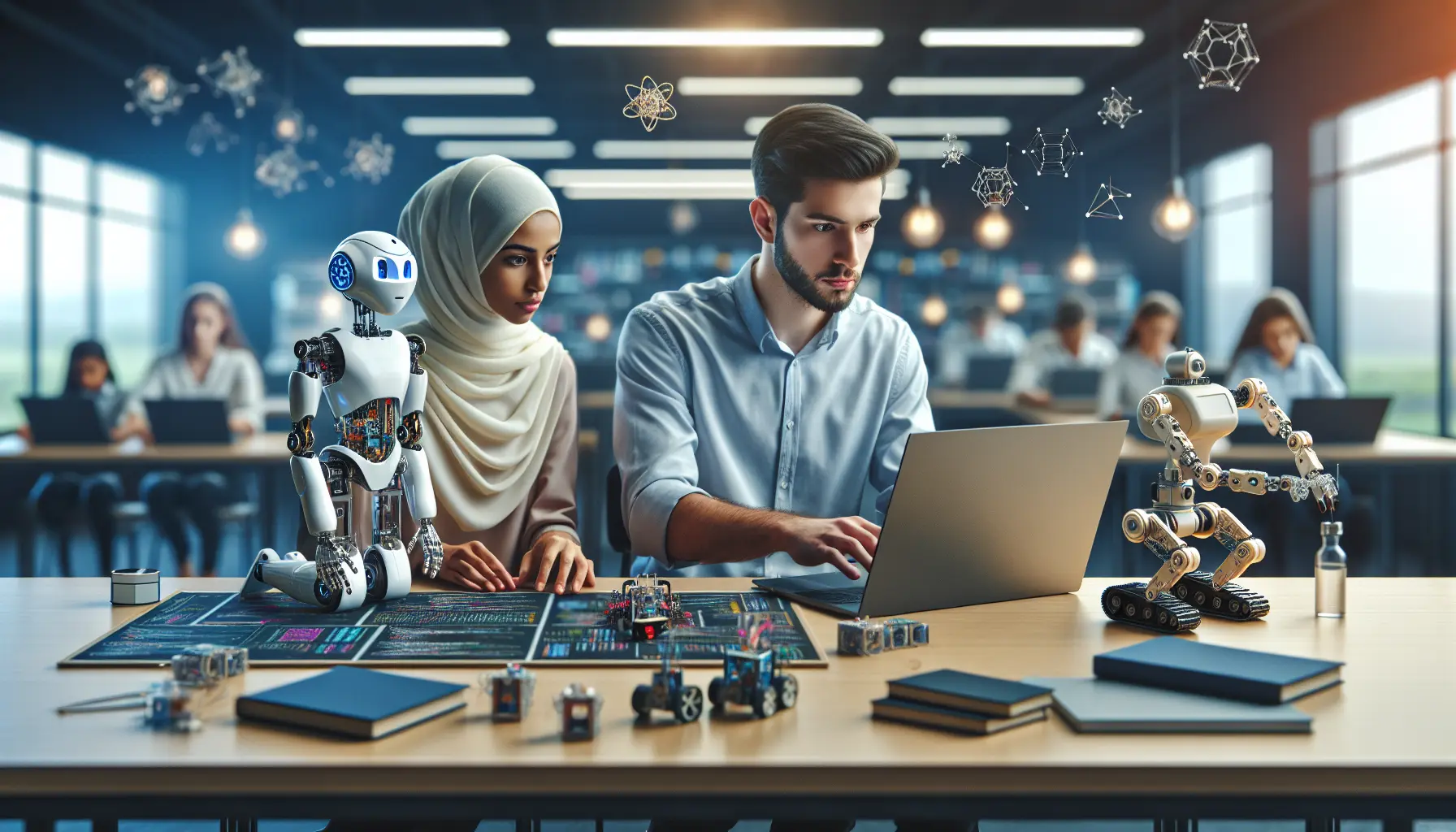 Studente che programma un robot in aula