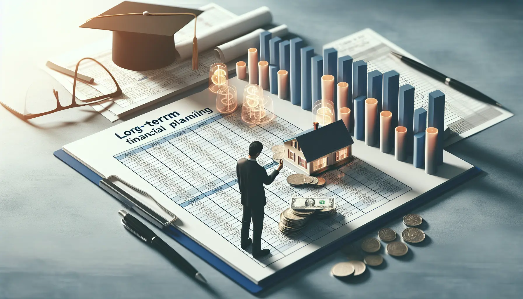 Un professionista che pianifica il budget per un progetto a lungo termine, circondato da documenti e un computer.