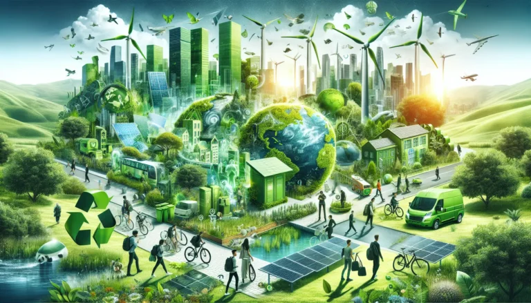 Un gruppo di giovani attivisti che partecipano a una manifestazione per la sostenibilità ambientale, con cartelli e striscioni colorati.