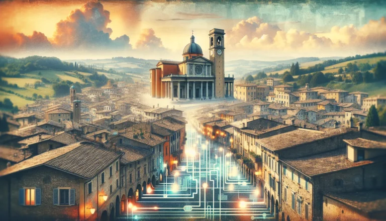 Vista panoramica di Predappio con i suoi monumenti storici e un cielo sereno, simbolo di un passato complesso e di un futuro innovativo.