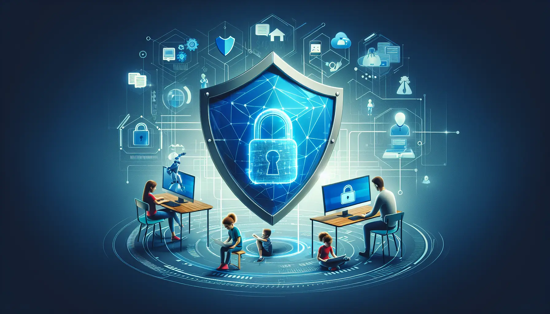 Un genitore che spiega a un bambino come navigare in sicurezza su internet.